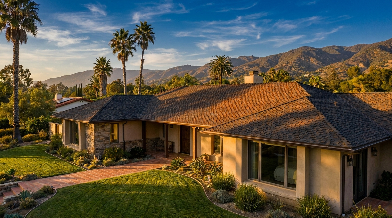 New premium roof on an Inland Empire home at golden hour